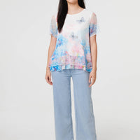 Butterfly Print Mesh Layered Top