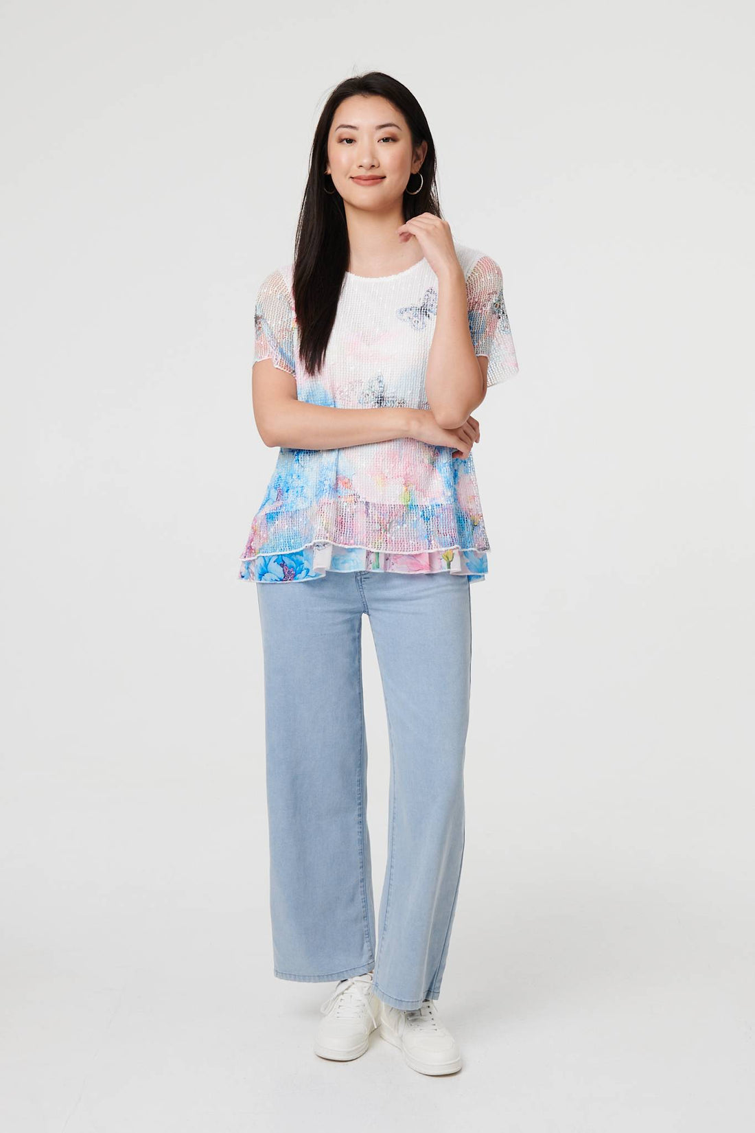 Butterfly Print Mesh Layered Top