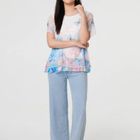 Butterfly Print Mesh Layered Top