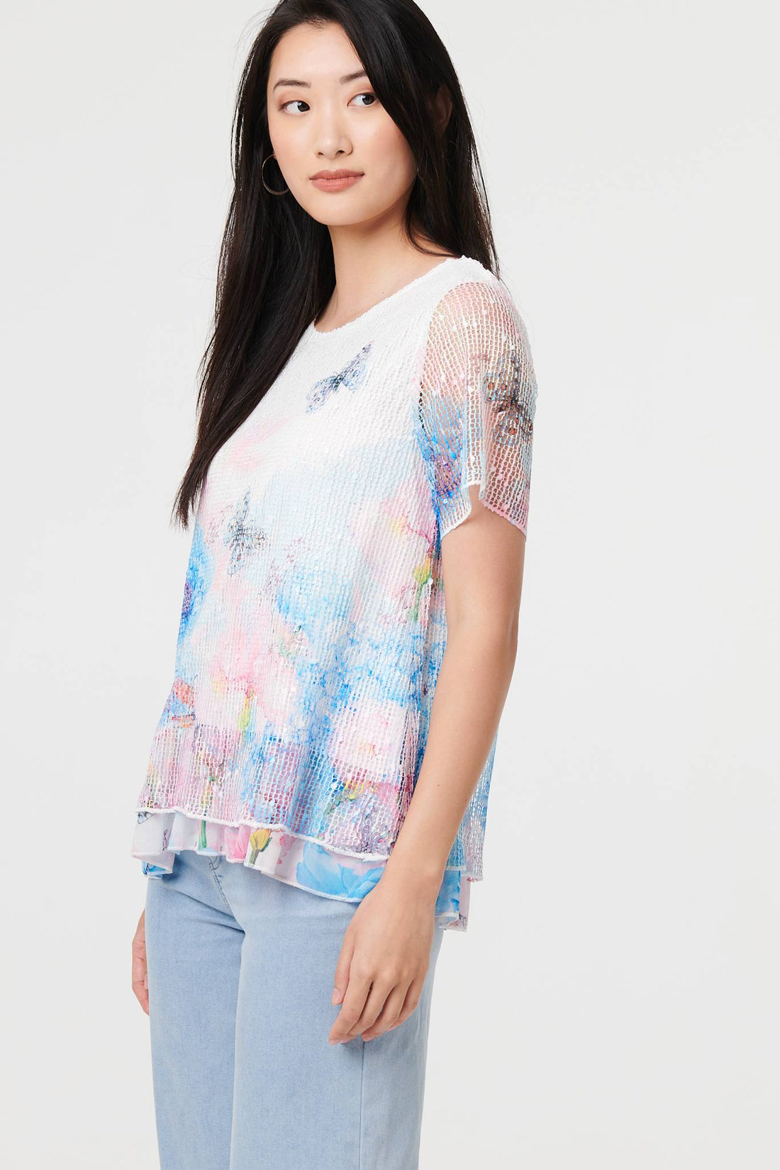 Butterfly Print Mesh Layered Top