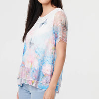 Butterfly Print Mesh Layered Top