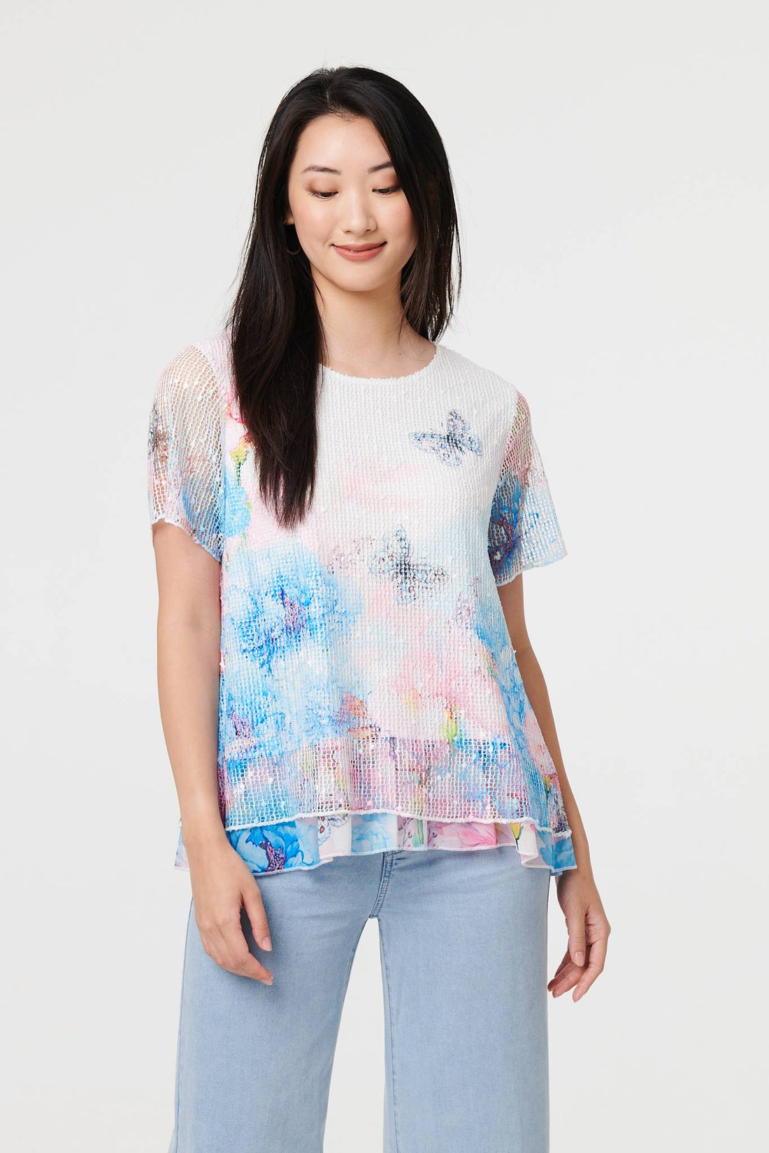 Butterfly Print Mesh Layered Top