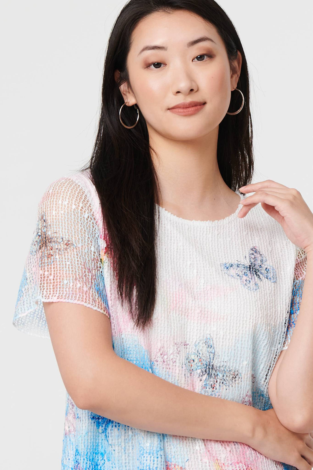 Butterfly Print Mesh Layered Top