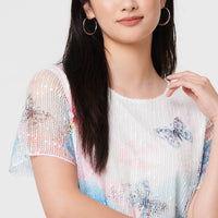 Butterfly Print Mesh Layered Top