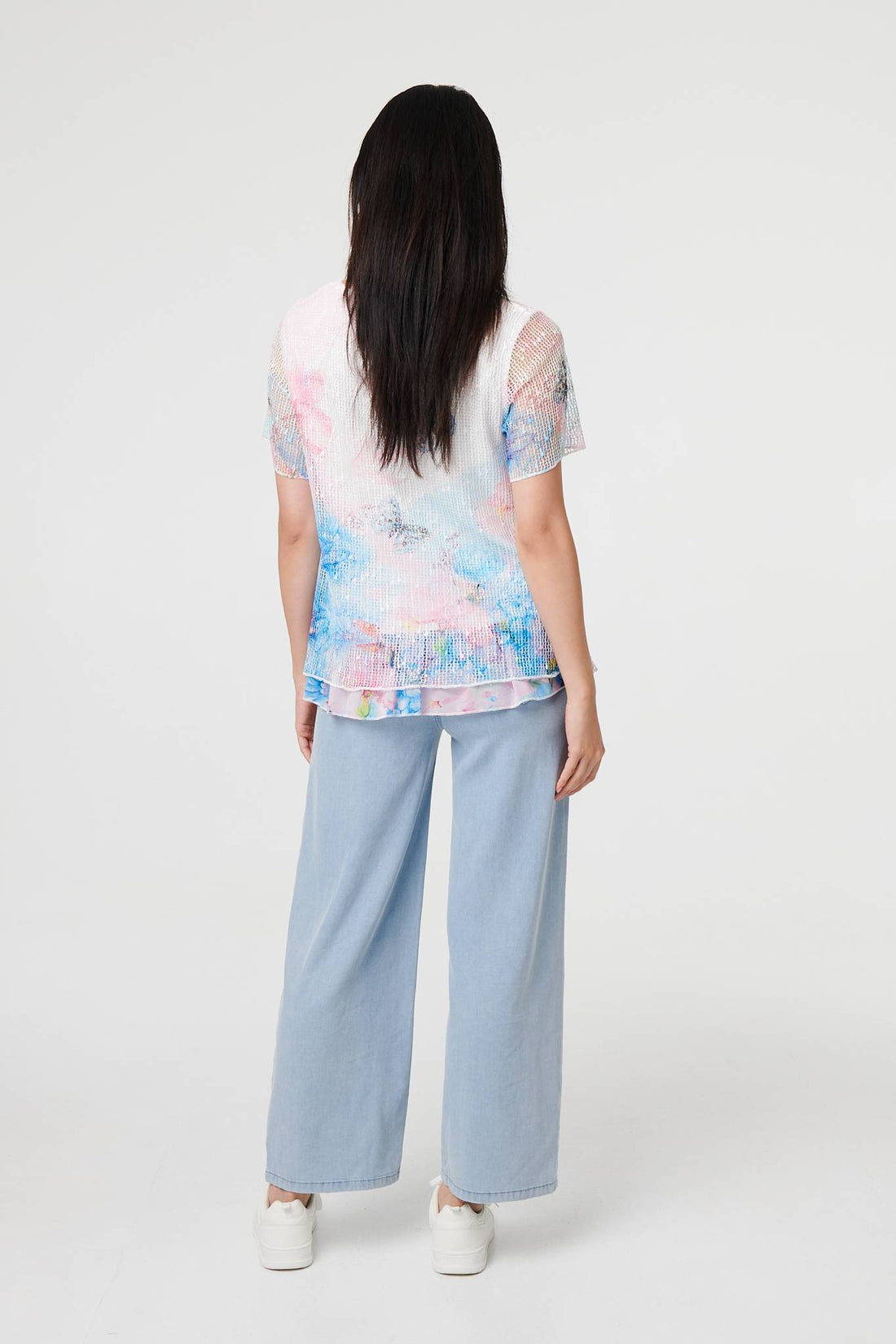 Butterfly Print Mesh Layered Top