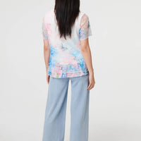 Butterfly Print Mesh Layered Top