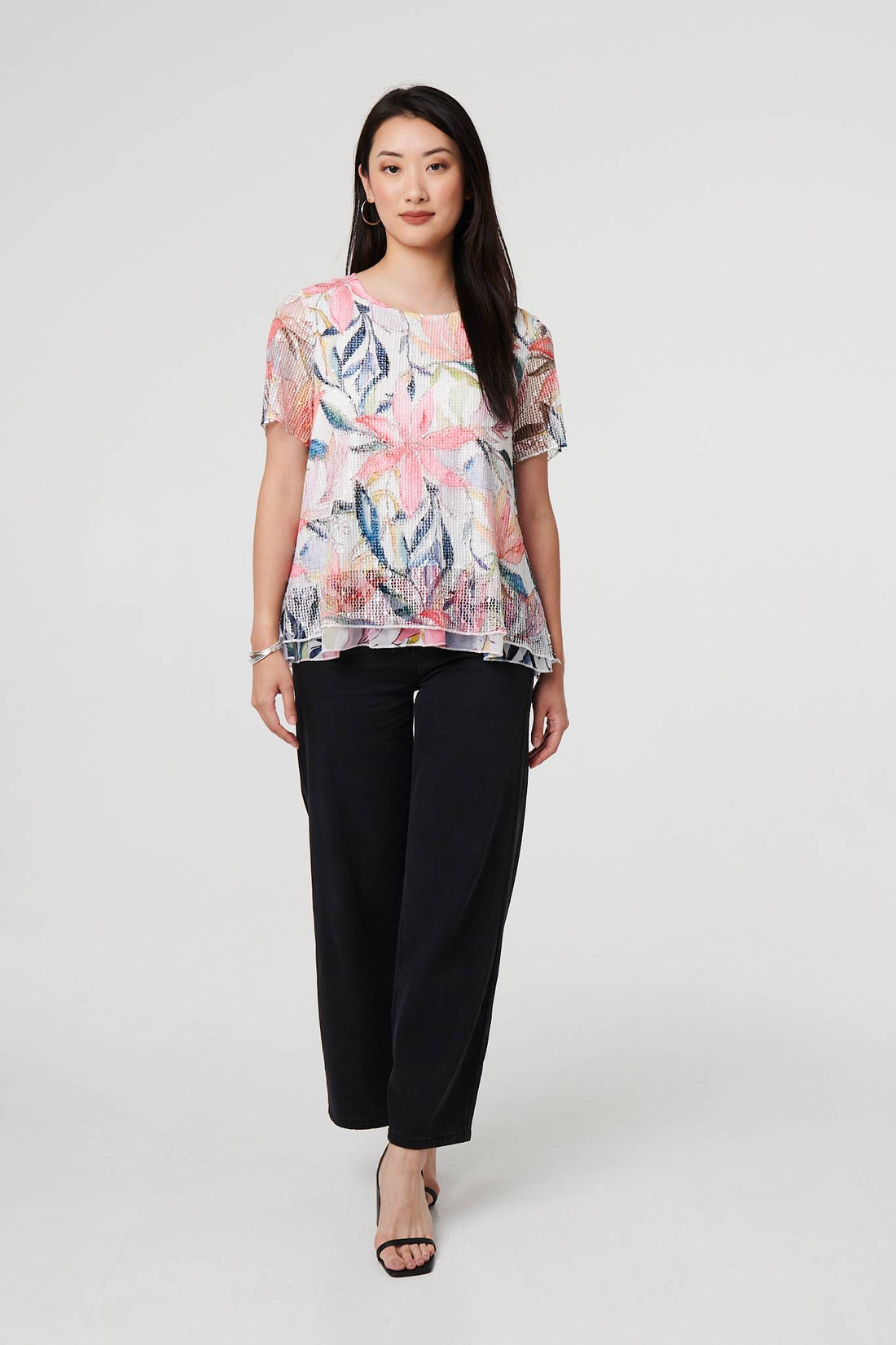 Floral Short Sleeve Mesh Layered Top