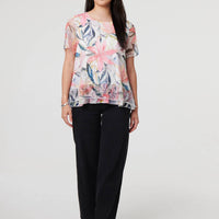 Floral Short Sleeve Mesh Layered Top