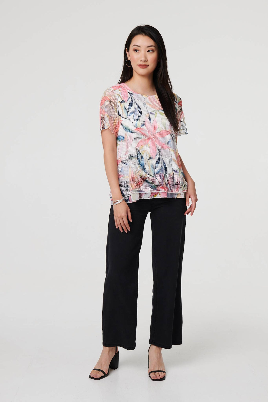 Floral Short Sleeve Mesh Layered Top