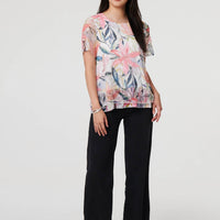 Floral Short Sleeve Mesh Layered Top