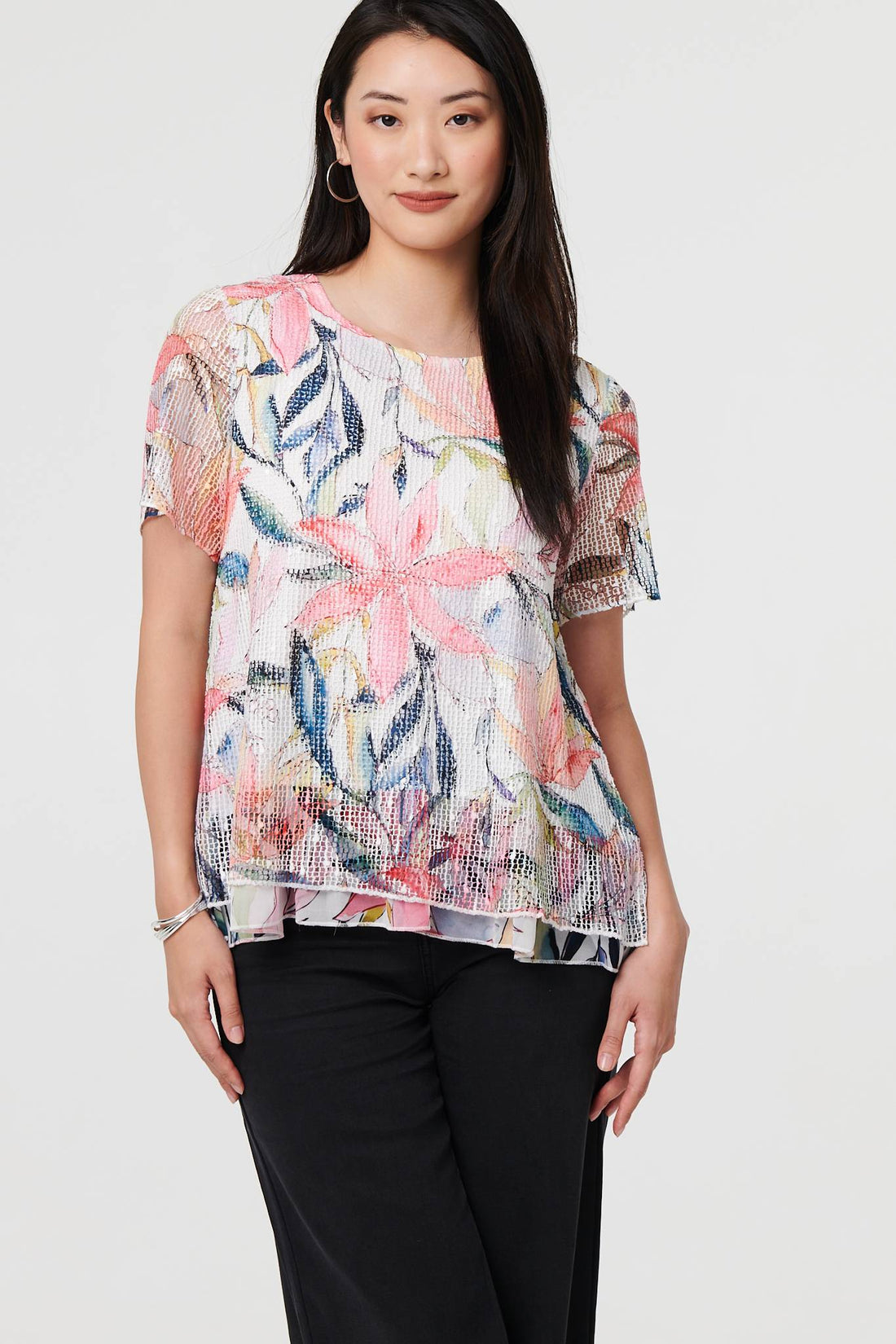 Floral Short Sleeve Mesh Layered Top