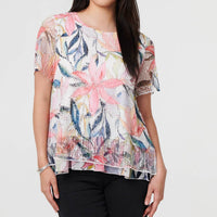 Floral Short Sleeve Mesh Layered Top