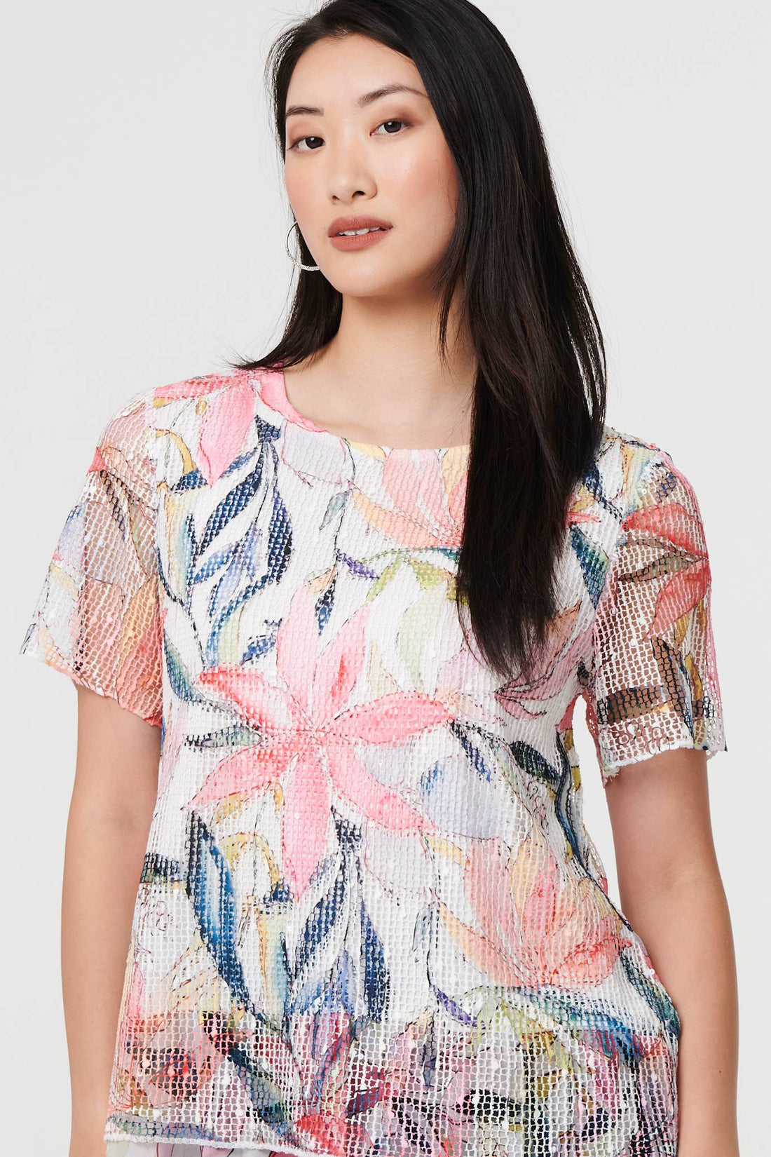 Floral Short Sleeve Mesh Layered Top